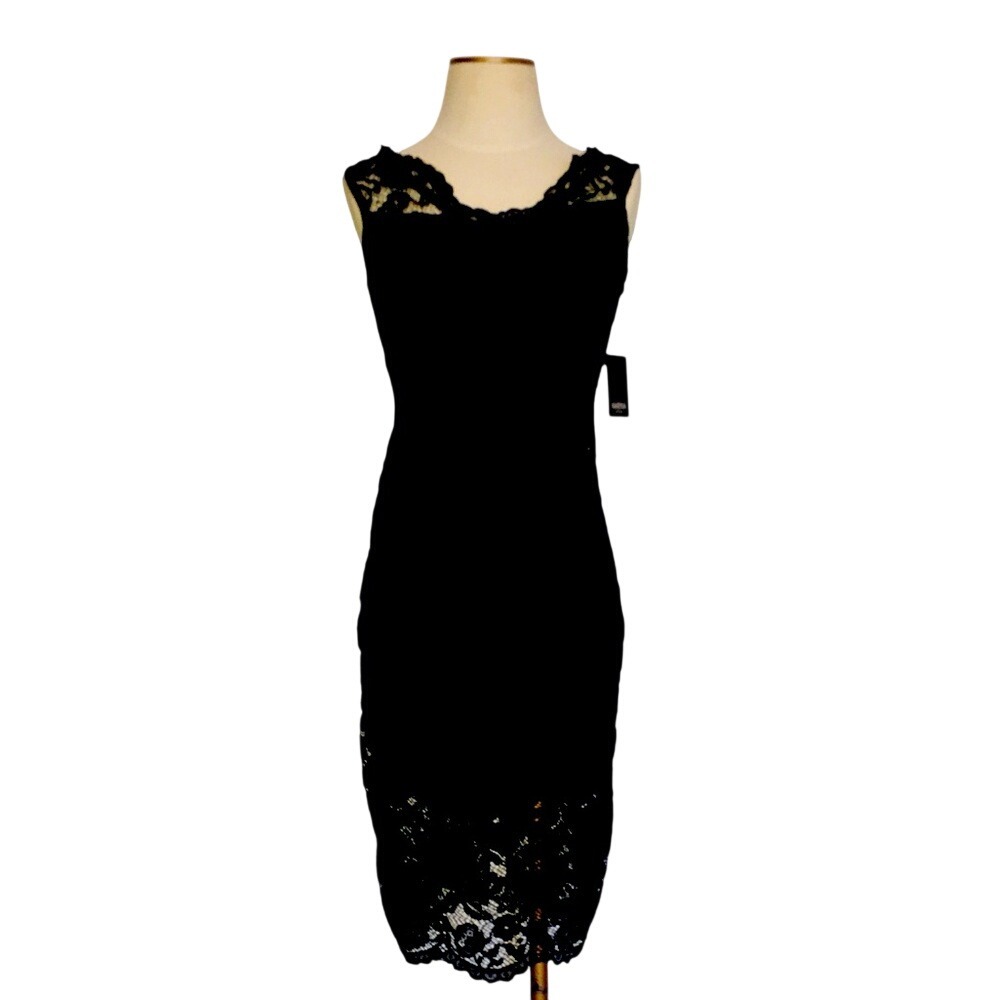 Marina Black Floral Lace Sheath Dress Sleeveless V-Neck Cocktail Size 2 NWT‎